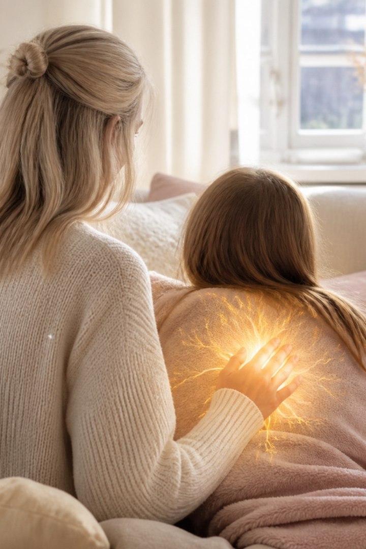 Mama legt ihrem Kind die Hand auf den Rücken, warmes Licht fließt